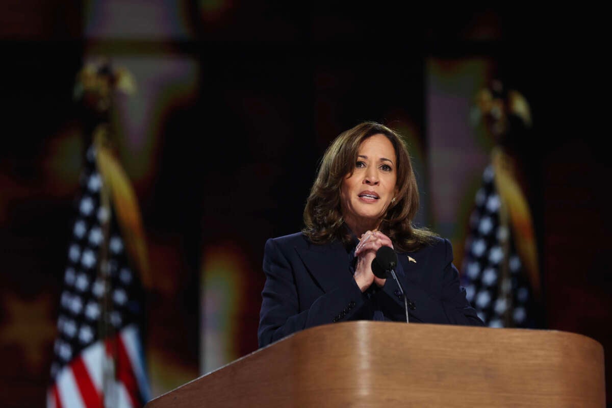 Democratic presidential candidate, Vice President Kamala Harris speaks on stage during the final day of the Democratic National Convention at the United Center on August 22, 2024, in Chicago, Illinois.