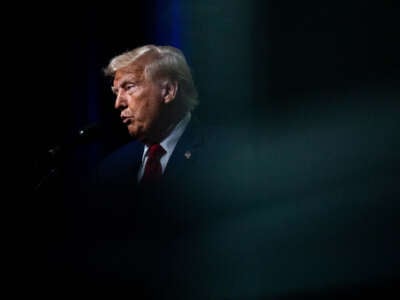 Former President Donald Trump speaks during the National Guard Association of the United States' 146th General Conference & Exhibition at Huntington Place Convention Center on August 26, 2024, in Detroit, Michigan.