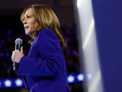 Vice President Kamala Harris speaks at a campaign rally at the Fiserv Forum on August 20, 2024, in Milwaukee, Wisconsin.