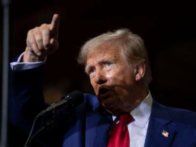 Former President Donald Trump speaks during a campaign event at Alro Steel on August 29, 2024, in Potterville, Michigan.