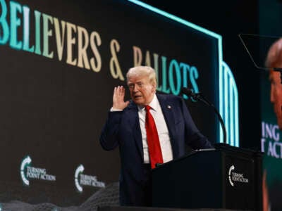 Former President Donald Trump speaks during a Turning Point USA Believers Summit conference at the Palm Beach Convention Center on July 26, 2024, in West Palm Beach, Florida.