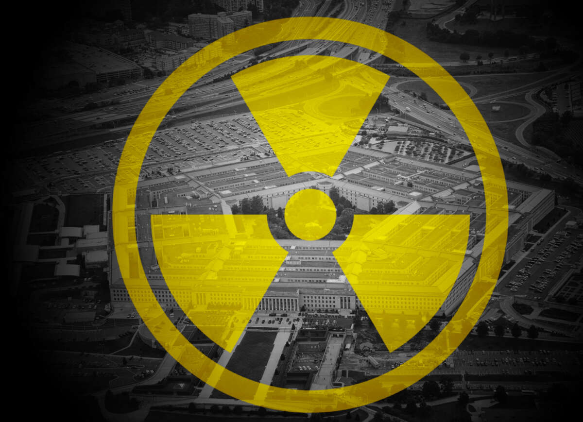 A photo collage of the symbol for radioactive material overlaid atop a black and white photo of the U.S. Pentagon