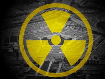 A photo collage of the symbol for radioactive material overlaid atop a black and white photo of the U.S. Pentagon