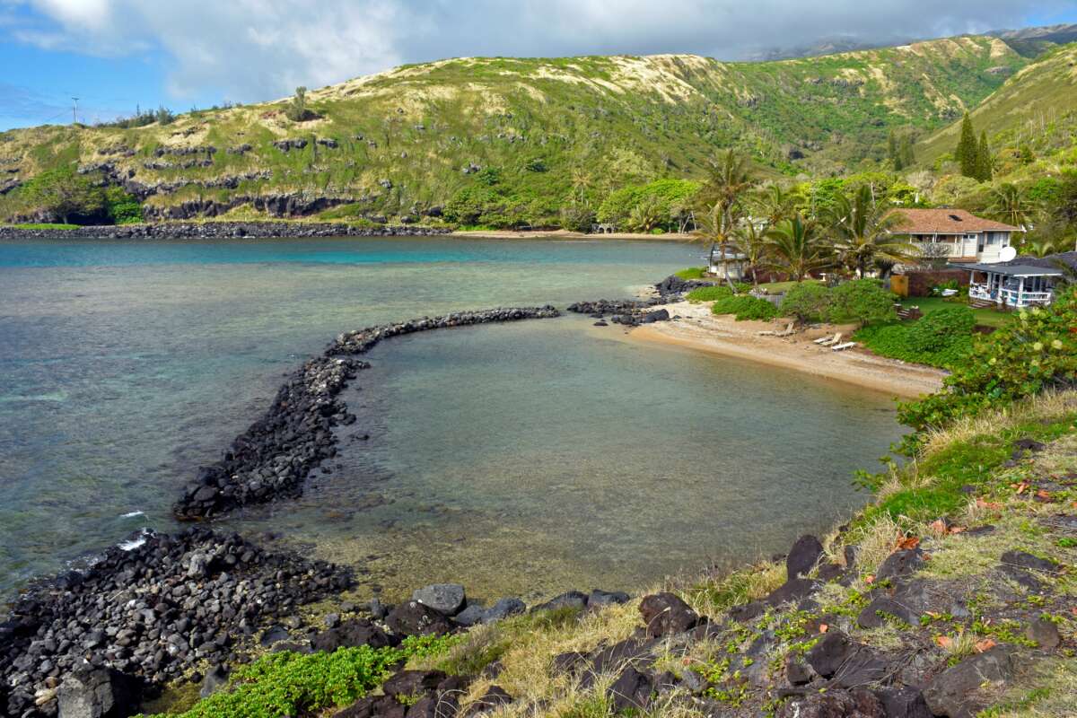 A traditional Hawaiian fishpond at Kumimi beach in Moloka'i, Hawaii.