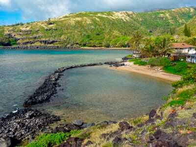 A traditional Hawaiian fishpond at Kumimi beach in Moloka'i, Hawaii.