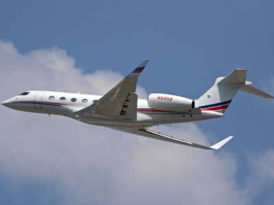 A Gulfstream G650ER, owned by a private company, is taking off from Barcelona Airport in Barcelona, Spain, on June 27, 2023. According to a sustainable aviation expert, a fully loaded Gulfstream G650ER flight releases about 4.5 times as much carbon dioxide per passenger as a Boeing 737.