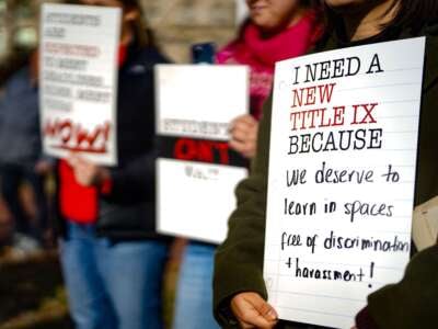 Students, parents, educators and advocates gather in front of the White House to press the Biden administration to release the long-awaited final Title IX Rule on December 5, 2023, in Washington, D.C.