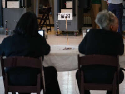 A "Wait Here To Vote" sign is seen in a polling location on May 21, 2024, in Atlanta, Georgia.