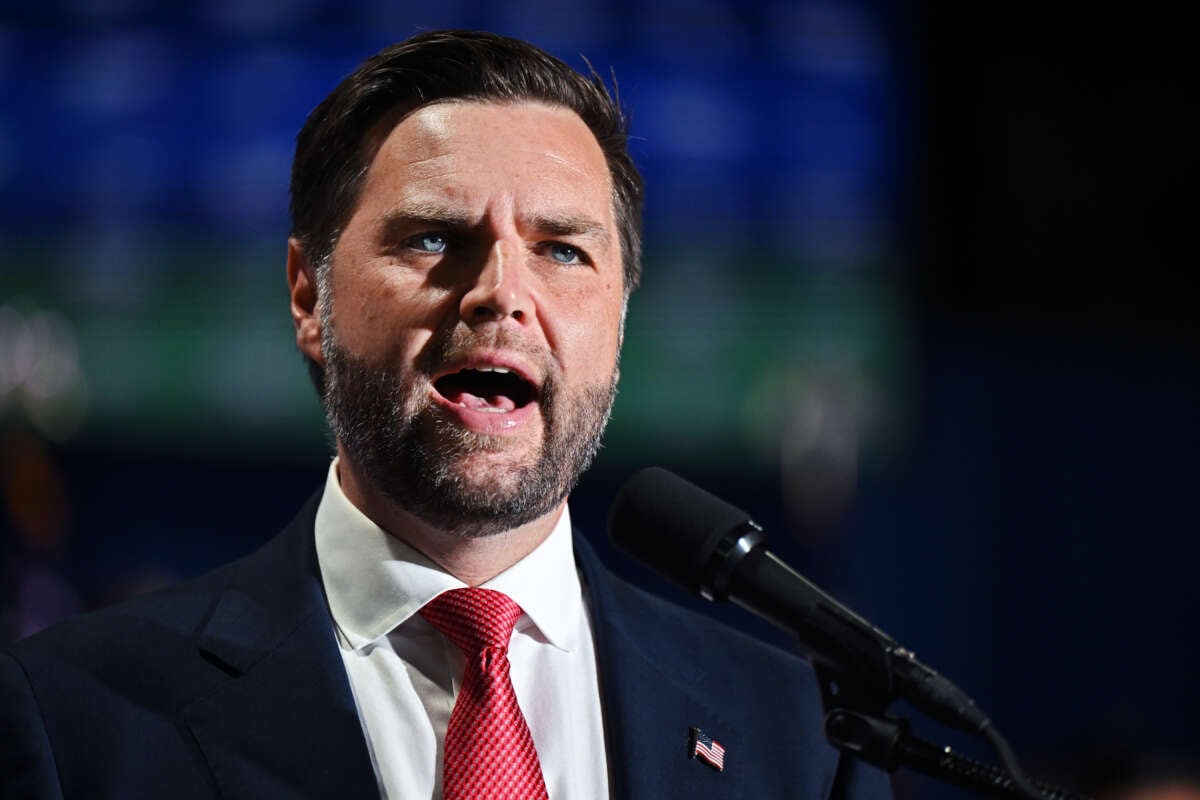 Republican Vice Presidential Candidate Sen. J.D. Vance delivers remarks during a campaign rally at 2300 Arena on August 6, 2024, in Philadelphia, Pennsylvania.