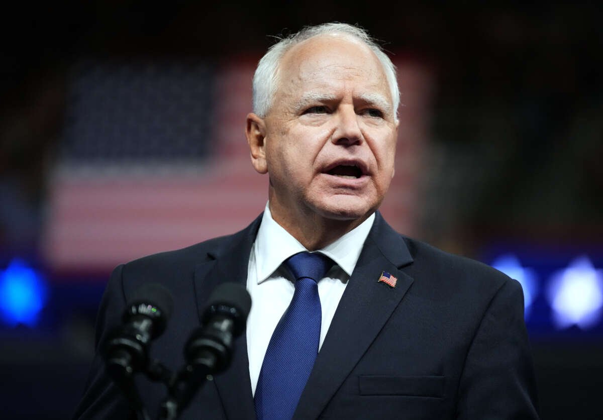 Democratic vice presidential candidate Minnesota Gov. Tim Walz speaks during a campaign rally with Democratic presidential candidate, U.S. Vice President Kamala Harris at the Liacouras Center at Temple University on August 6, 2024, in Philadelphia, Pennsylvania.