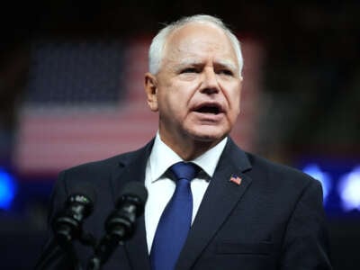 Democratic vice presidential candidate Minnesota Gov. Tim Walz speaks during a campaign rally with Democratic presidential candidate, U.S. Vice President Kamala Harris at the Liacouras Center at Temple University on August 6, 2024, in Philadelphia, Pennsylvania.