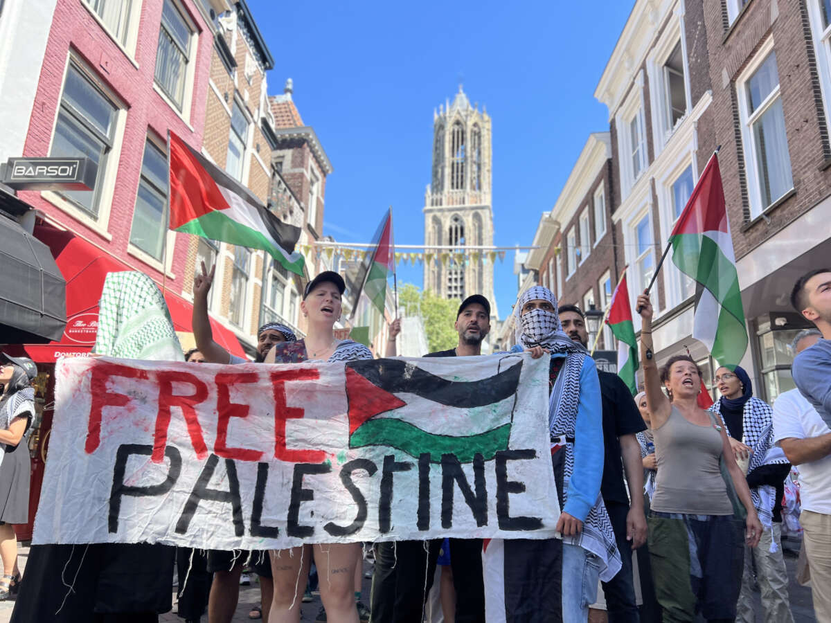 Pro-Palestinian demonstrators, holding a banner saying ''Free Palestine'' gather, to protest against Israeli attacks on Gaza and show solidarity with Palestinians as they march with Palestinian flags and banners in Utrecht, Netherlands, on August 10, 2024.