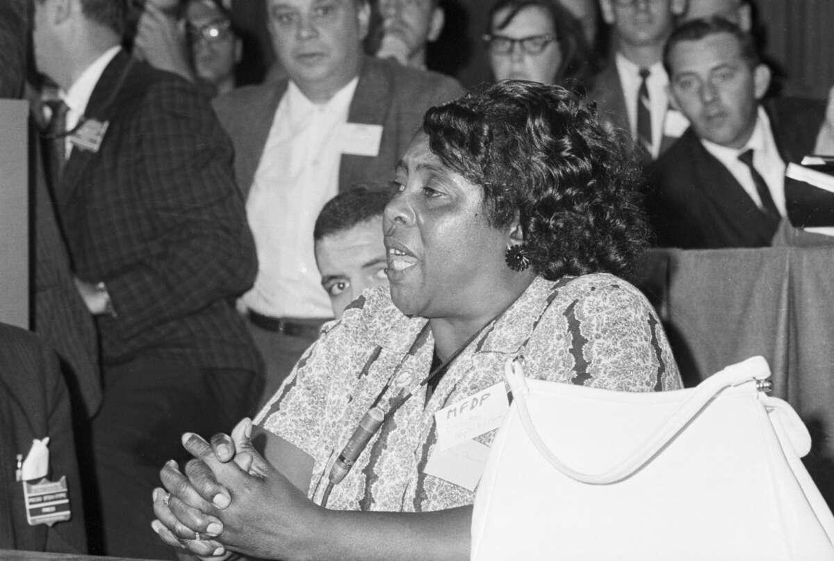 Mississippi Freedom Democratic Party delegate Fannie Lou Hamer speaks out for the meeting of her delegates at a credential meeting prior to the formal meeting of the Democratic National Convention on August 22, 1964, in Atlantic City, NJ.