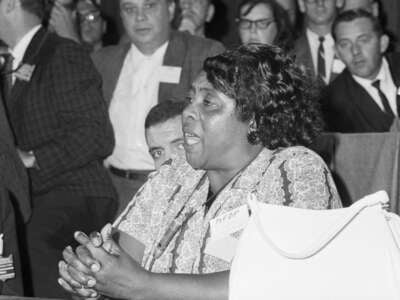 Mississippi Freedom Democratic Party delegate Fannie Lou Hamer speaks out for the meeting of her delegates at a credential meeting prior to the formal meeting of the Democratic National Convention on August 22, 1964, in Atlantic City, NJ.