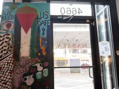 The Palestinian flag at Nabala Cafe still hangs proudly in the window.