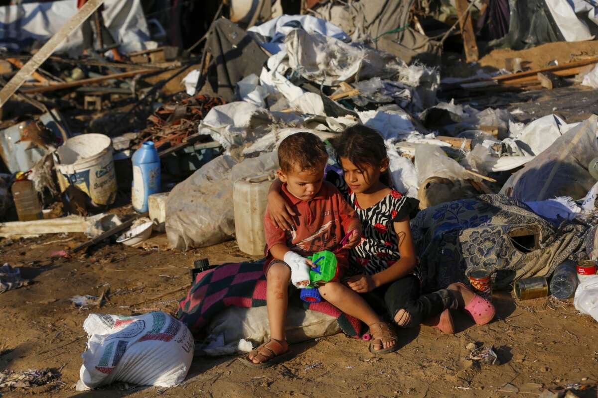 Displaced Palestinians react among their tents which have been destroyed under Israeli attacks in the yard of Al Aqsa Martyrs Hospital in Deir Al Balah, Gaza on September 05, 2024. 4 people were killed and many people were injured.