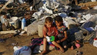 Displaced Palestinians react among their tents which have been destroyed under Israeli attacks in the yard of Al Aqsa Martyrs Hospital in Deir Al Balah, Gaza on September 05, 2024. 4 people were killed and many people were injured.