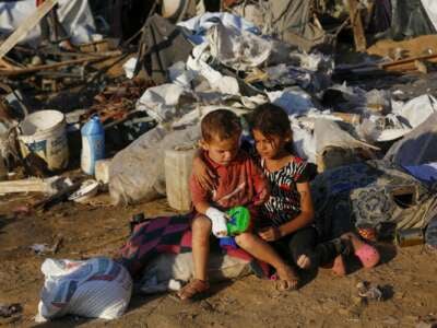 Displaced Palestinians react among their tents which have been destroyed under Israeli attacks in the yard of Al Aqsa Martyrs Hospital in Deir Al Balah, Gaza on September 05, 2024. 4 people were killed and many people were injured.