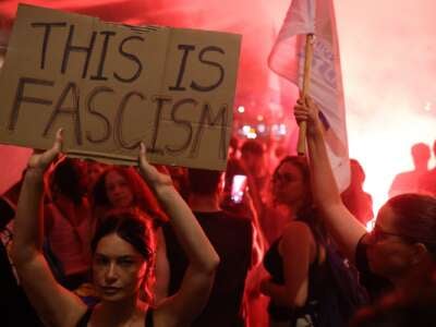 A protester holds a sign that reads "This Is Fascism" amid a general strike in Israel