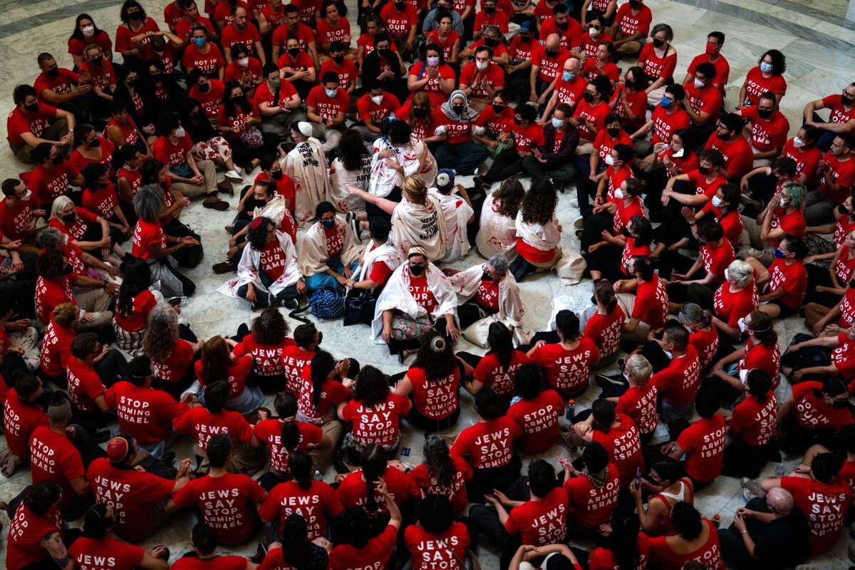 Jewish Voice for Peace protesters demonstrate in the Cannon House Office Building rotunda on Capitol Hill on July 23, 2024, in Washington, D.C.