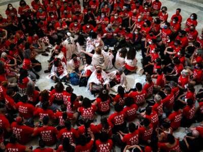 Jewish Voice for Peace protesters demonstrate in the Cannon House Office Building rotunda on Capitol Hill on July 23, 2024, in Washington, D.C.