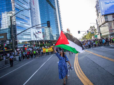 A protester marches down a street waving a Palestinian flag