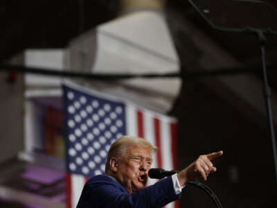 Former President Donald Trump speaks during a campaign rally in the 1st Summit Arena at the Cambria County War Memorial on August 30, 2024, in Johnstown, Pennsylvania.