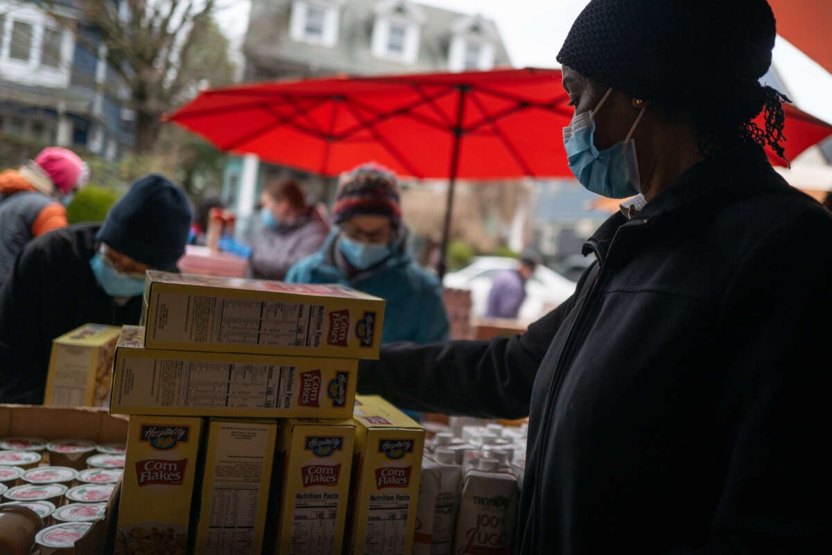 Free food is distributed to residents in need at a weekly food bank at Our Lady of Refuge Church in Brooklyn on February 28, 2024, in New York City.