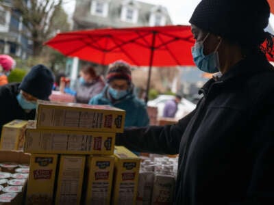 Free food is distributed to residents in need at a weekly food bank at Our Lady of Refuge Church in Brooklyn on February 28, 2024, in New York City.