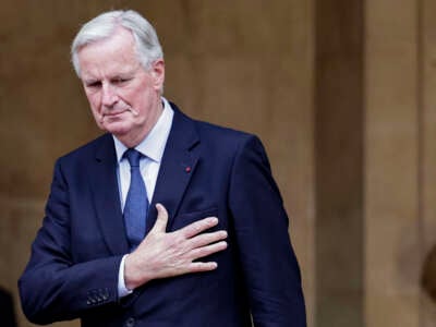 Newly appointed Prime minister Michel Barnier arrives to attend the handover ceremony at the Hotel Matignon in Paris, on September 5, 2024.