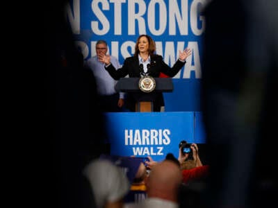 Vice President and Democratic presidential candidate Kamala Harris speaks at a Labor Day event at Northwestern High School in Detroit, Michigan, on September 2, 2024.