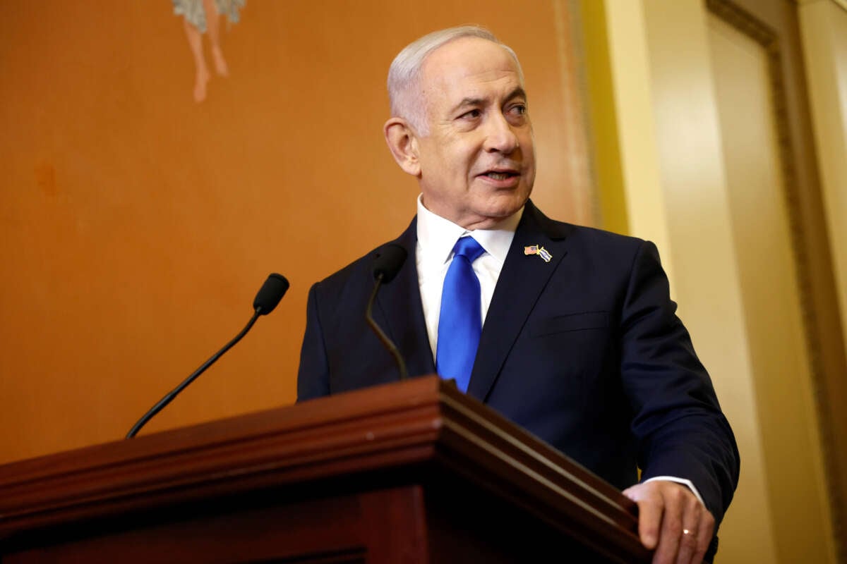 Israeli Prime Minister Benjamin Netanyahu speaks to reporters alongside Speaker of the House Mike Johnson at the U.S. Capitol Building on July 24, 2024, in Washington, D.C.