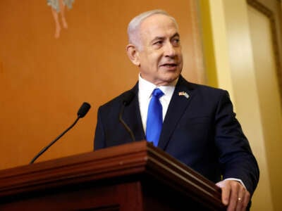 Israeli Prime Minister Benjamin Netanyahu speaks to reporters alongside Speaker of the House Mike Johnson at the U.S. Capitol Building on July 24, 2024, in Washington, D.C.