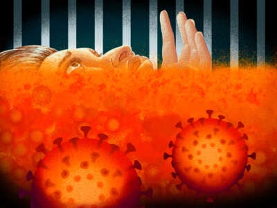 COVID-19 molecules and a person sinking in a prison cell, illustration