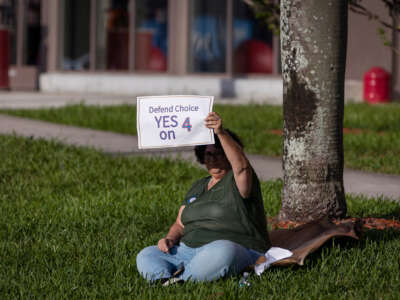 A protester sits on grass while holding a sign reading "DEFEND CHOICE; YES ON 4" during an outdoor protest