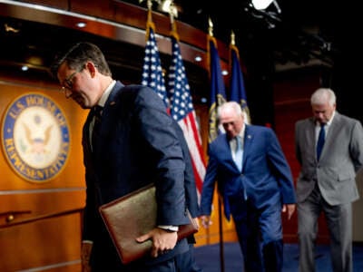 From left, Speaker of the House Mike Johnson, Majority Leader Steve Scalise and Majority Whip Tom Emmer depart following a weekly news conference on Capitol Hill on June 4, 2024, in Washington, D.C.