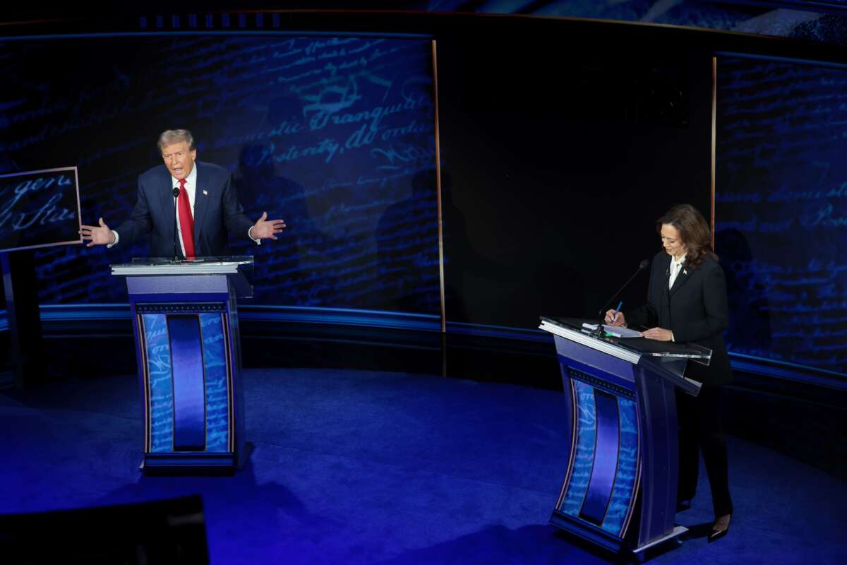 Republican presidential nominee, former U.S. President Donald Trump and Democratic presidential nominee, U.S. Vice President Kamala Harris debate for the first time during the presidential election campaign at The National Constitution Center on September 10, 2024, in Philadelphia, Pennsylvania.