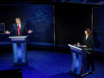 Republican presidential nominee, former U.S. President Donald Trump and Democratic presidential nominee, U.S. Vice President Kamala Harris debate for the first time during the presidential election campaign at The National Constitution Center on September 10, 2024, in Philadelphia, Pennsylvania.