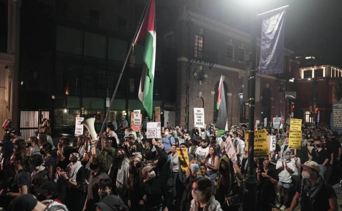 Supporters of Palestinians demonstrate around the constitution center where the presidential debate is being held in Philadelphia, Pennsylvania, on September 10, 2024.