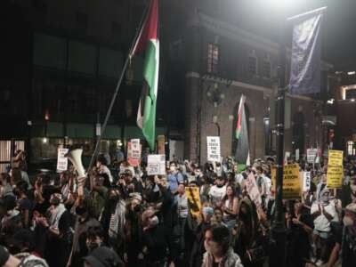 Supporters of Palestinians demonstrate around the constitution center where the presidential debate is being held in Philadelphia, Pennsylvania, on September 10, 2024.