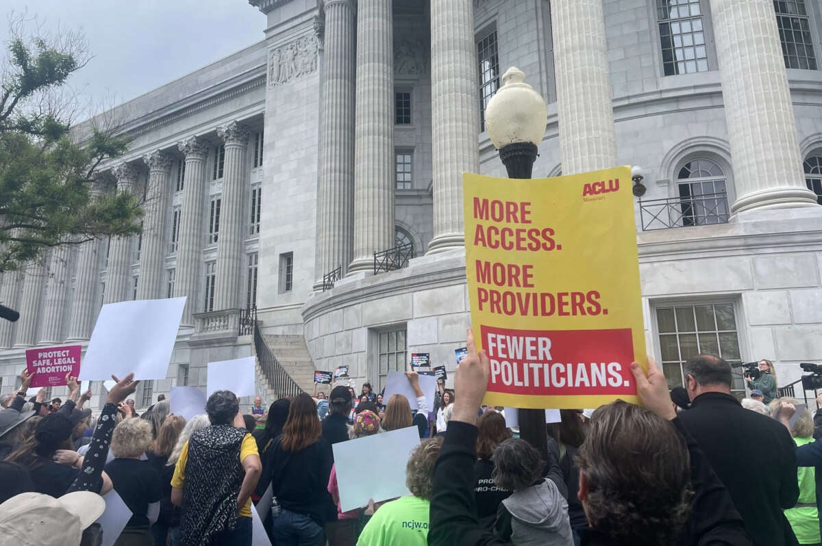 Abortion rights supporters rally at the Missouri Capitol after turning in more than 380,000 signatures to overturn the state's ban on the procedure on May 3, 2024.