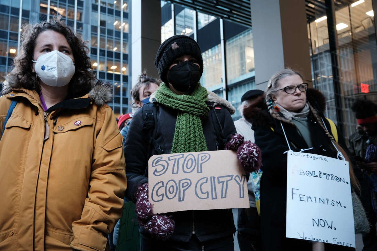 Activists participate in a protest against the proposed Cop City being built in an Atlanta forest on March 9, 2023, in New York City.