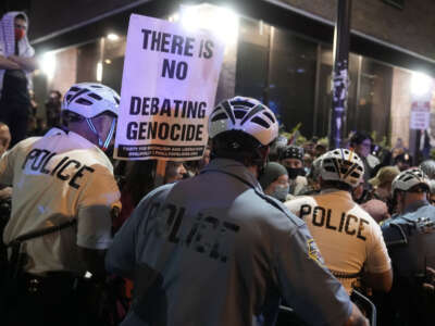 Philadelphia Police disperse a Palestinian solidarity demonstration while officers arrest some demonstrators as Vice President Kamala Harris and former President Donald Trump square off in their first debate on September 10, 2024, in Philadelphia.