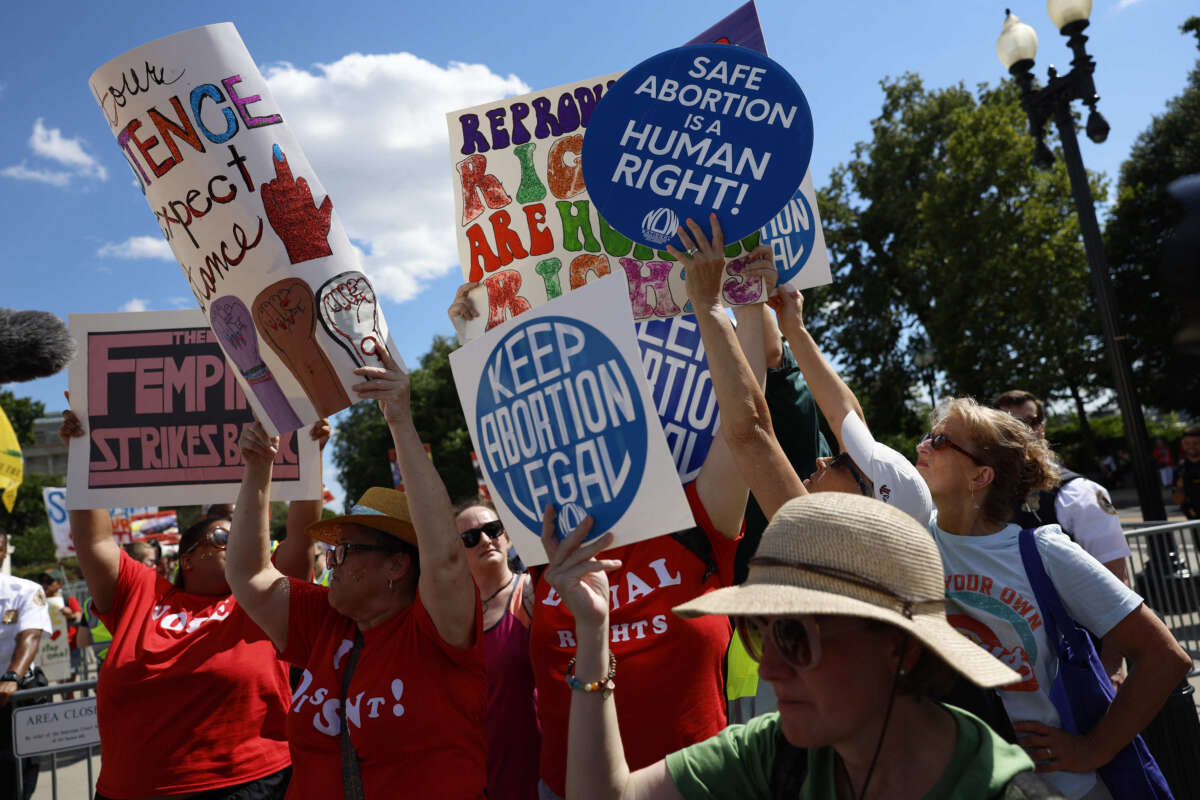 Abortion rights advocates participate in a protest outside of the U.S. Supreme Court Building on June 24, 2024, in Washington, D.C.