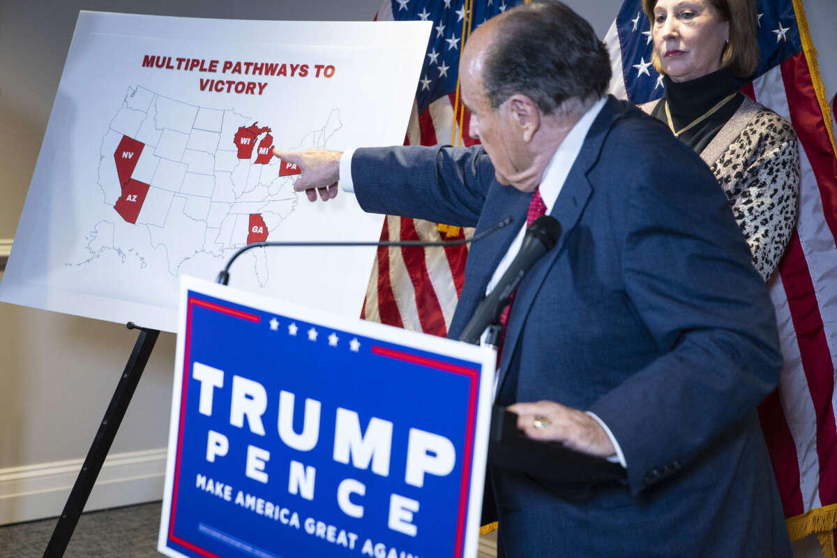 Rudy Giuliani, then-lawyer for then-President Donald Trump, speaks during a news conference about lawsuits contesting the results of the presidential election at the Republican National Committee headquarters in Washington, D.C., on November 19, 2020.