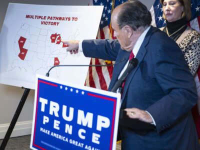 Rudy Giuliani, then-lawyer for then-President Donald Trump, speaks during a news conference about lawsuits contesting the results of the presidential election at the Republican National Committee headquarters in Washington, D.C., on November 19, 2020.