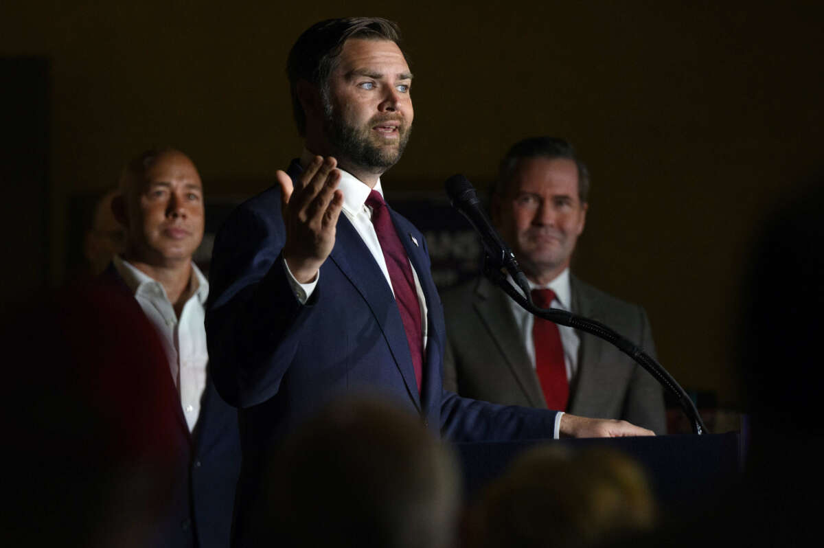 Republican Vice Presidential candidate Sen. JD Vance speaks at a campaign rally at VFW Post 92 on August 15, 2024, in New Kensington, Pennsylvania.