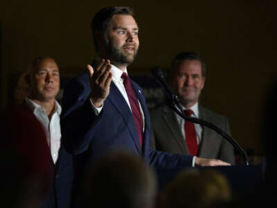 Republican Vice Presidential candidate Sen. JD Vance speaks at a campaign rally at VFW Post 92 on August 15, 2024, in New Kensington, Pennsylvania.