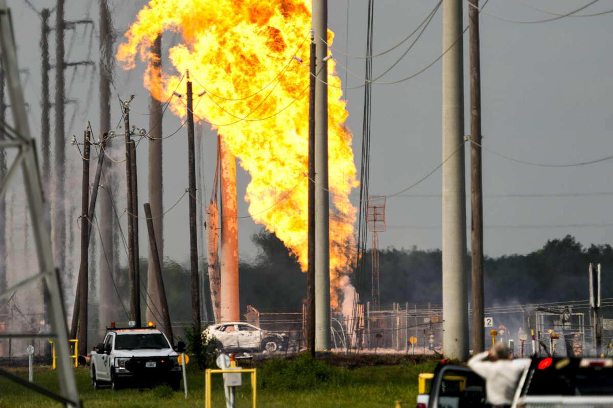 A massive pipeline fire burns near Spencer Highway and Summerton on September 16, 2024, in La Porte, Texas.