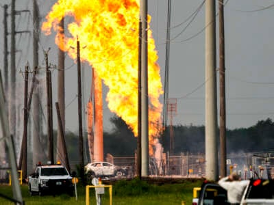 A massive pipeline fire burns near Spencer Highway and Summerton on September 16, 2024, in La Porte, Texas.